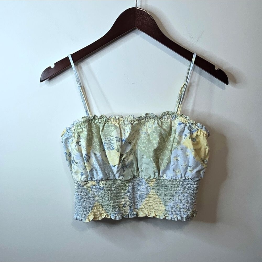 American Eagle Cropped Floral Peasant Bohemian Linen Blend Top Size Medium